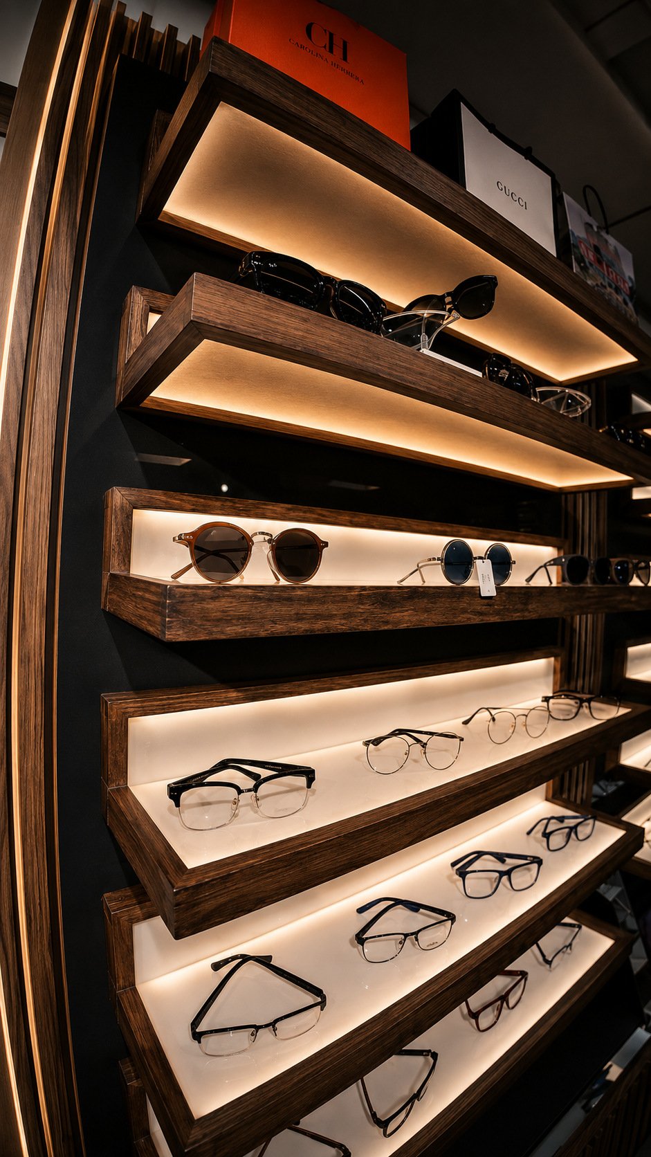 Exhibidor con marcas de diseñador como Carolina Herrera y Gucci en Ópticas Luxentra